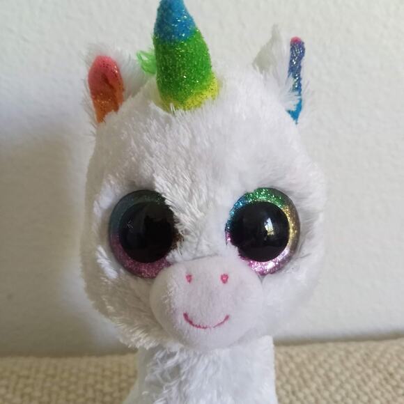 TY Pixy Unicorn TySilk Beanie Boo White Rainbow 7" Large Sparkle Glitter Eyes - Picture 2 of 8